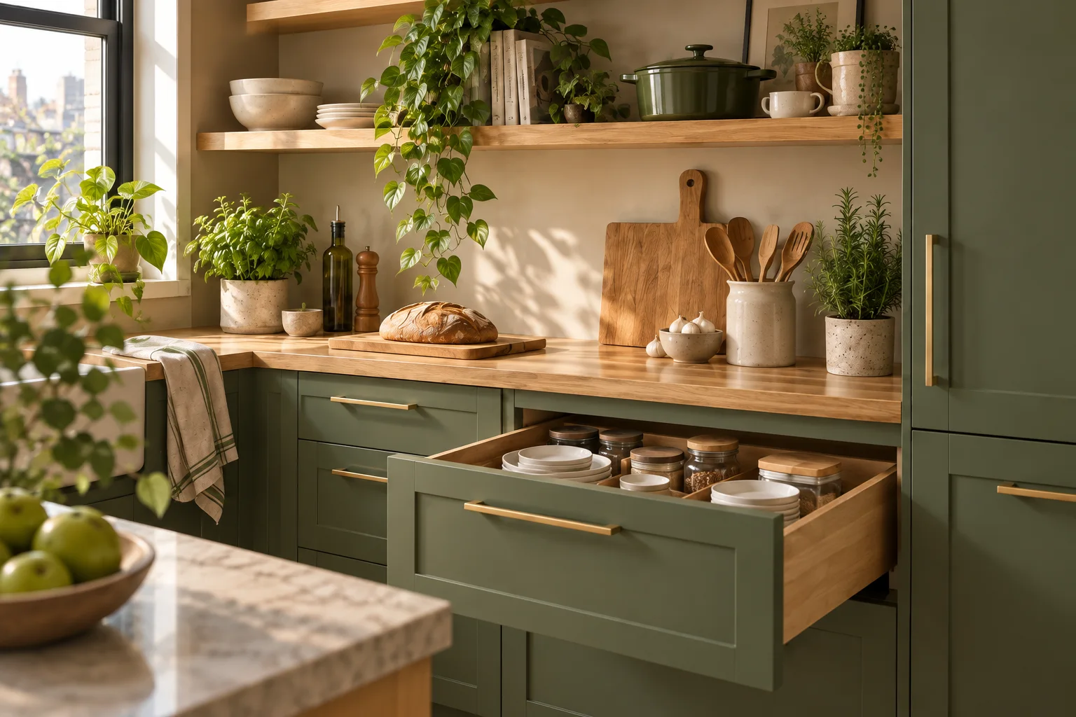 Olive kitchen cabinets, oak worktop and open storage drawer
