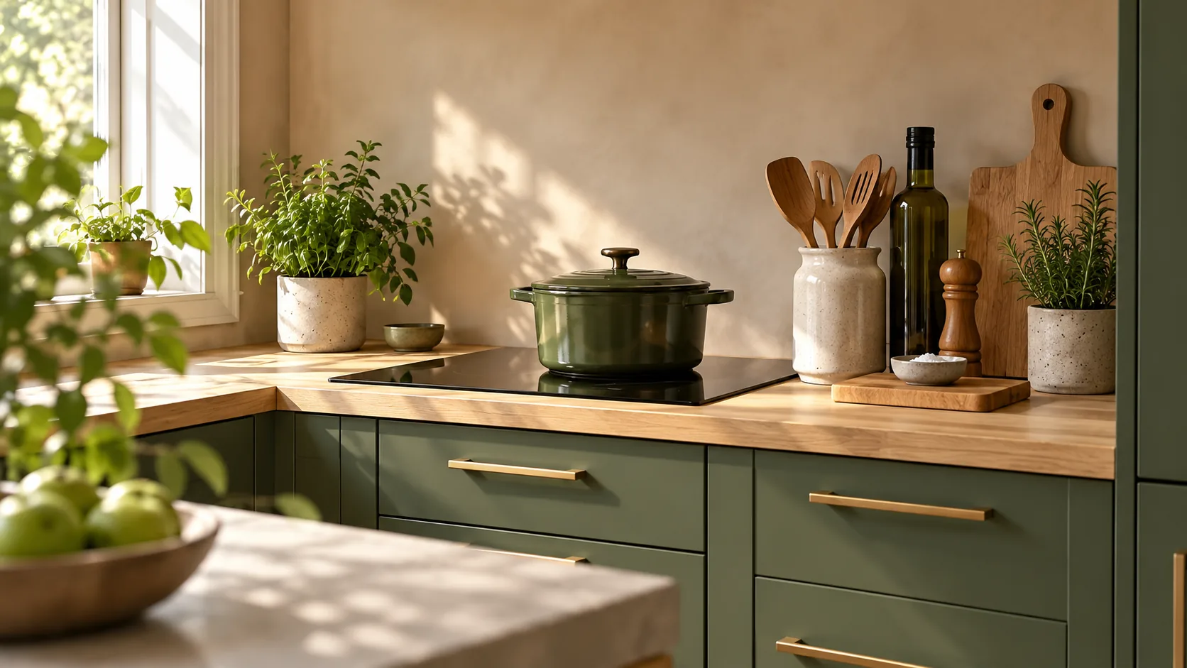 Kitchen worktop and cooking storage